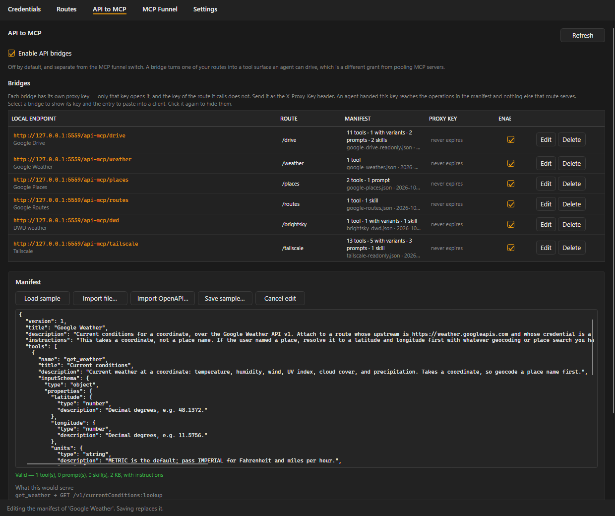 API to MCP tab