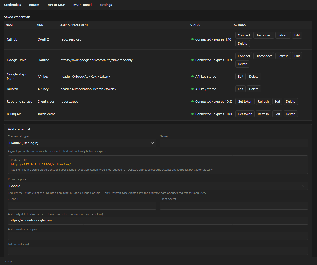 Credentials tab