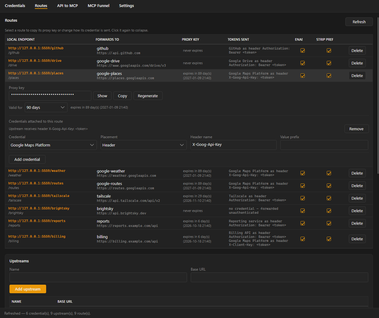 Routes tab